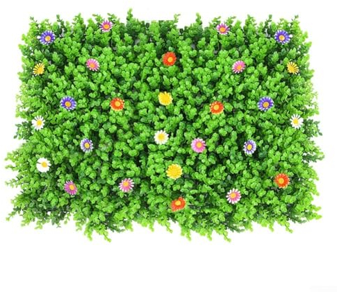 Kunstrasen-Hecke mit Blume, künstlicher Rasen, Astrorasen, Kunstrasen, Hintergrund, Wand, Farnblätter, Hinterhof, Gras, Sichtschutzzaun, grüne Graswand für Dekoration, drinnen und draußen, 40 x 60 cm