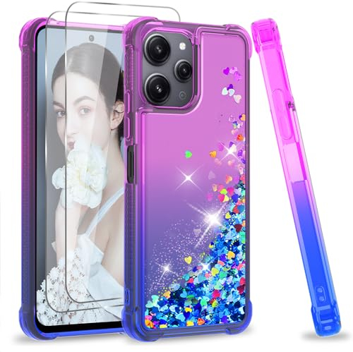 LeYi Glitter Hülle für Xiaomi Redmi 12 4G/5G Handyhülle mit 2*Hartglas Folie, Glitzer Flüssige Cover Bling Wasser Air Cushion Stoßfest Schutzhülle Case Handy Hüllen Mädchen Lila Blau
