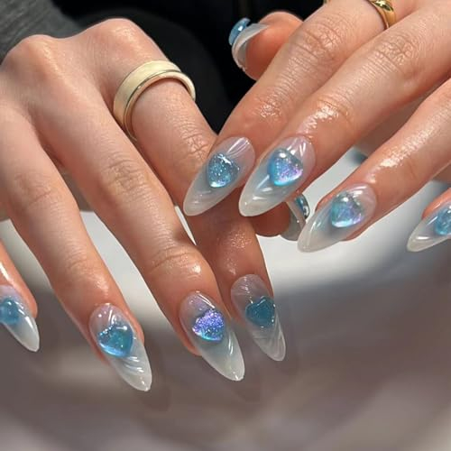 MouyouGlow Press on Nails Kurz,Almond Farbverlauf Blau Bling 3D Heart Cute Coquette Fake Nails mit Nagelkleber,Y2K Blue Valentines Day Künstliche Fingernägel