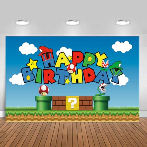 Super Bros Happy Birthday Party-Hintergrund, Babyparty, Kuchen-Tischdekoration, Party-Banner (15,7 x 91,4 cm)