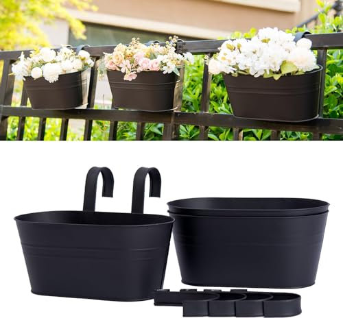 EHOTER 3 Pack Metal Hanging Flower Pots for Railing Fence Outdoor Balcony Rail Planter with Detachable Hooks Drainage Holes for Deck Garden Home Decor (Black*3)