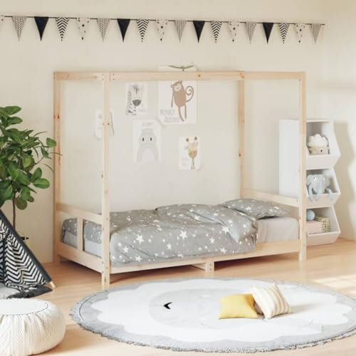 Hommdiy Kinderbett, Kinder Bettgestell mit robusten Latten, Himmelbett für Kleinkinder zwischen 18 Monaten und 4 Jahren, Einzelbett Kinder Holzbett Stil G,80 x 160 cm，Natur