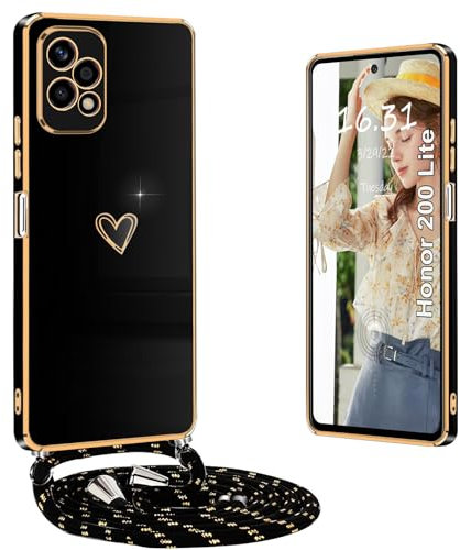 Yutwo Coque Honor 200 Lite avec Cordon, Coque Honor 200 Lite avec Collier Housse Silicone avec Coeur Motif Antichoc Étui avec Cordon Réglable Coque Honor 200 Lite Cordon, Noir