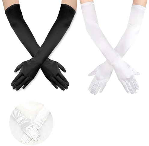 Beejune 2 Paar Lange Handschuhe, Schwarz Und Weiß, Für Frauen Mädchen Halloween Karneval Fasching Fest Party Kostüm