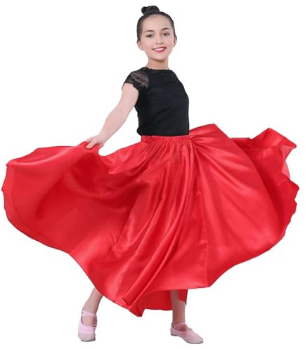Baisdan Gonna per Danza del Ventre per Ragazze, Gonna Lunga in Raso Cerchio Completo per Danza del Ventre, Costume da Ballo Flamenco,Rosso 5-7 Anni