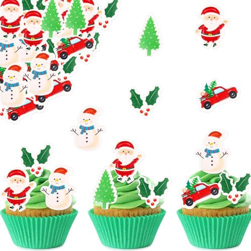 ALEGRE 48 Stück Tortendeko Weihnachten Essbar,Essbare Weihnachtsdeko für Torte,Kuchen Deko Weihnachten Essbare,Weihnachtsmann Cupcake Topper,Esspapier Weihnachten,Streudeko Weihnachten Essbar