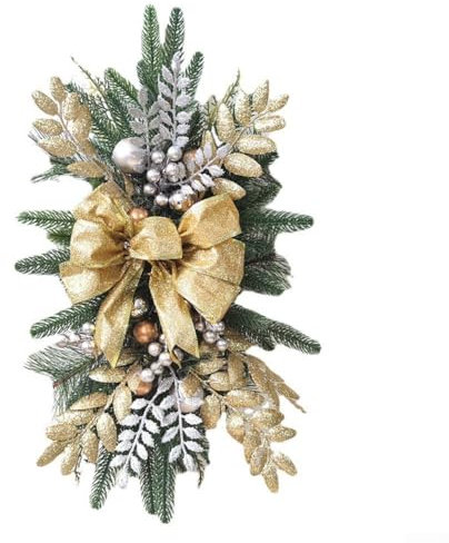 Corona natalizia con fiocchi, coni, bacche, decorazione per scale natalizie con ghirlanda di luci a LED, per porta d'ingresso, scala, esterno (dorato)