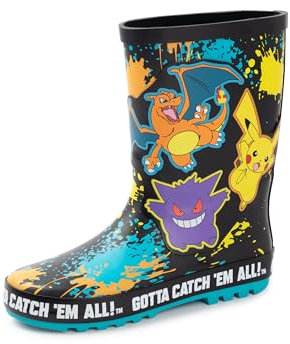 Pokémon Jungen Gummistiefel | Kinder-Gummistiefel mit Pikachu-, Gengar- und Glurak-Charakteraufdruck in Schwarz | Wasserabweisende Gummistiefel für Kinder mit Farbspritzern