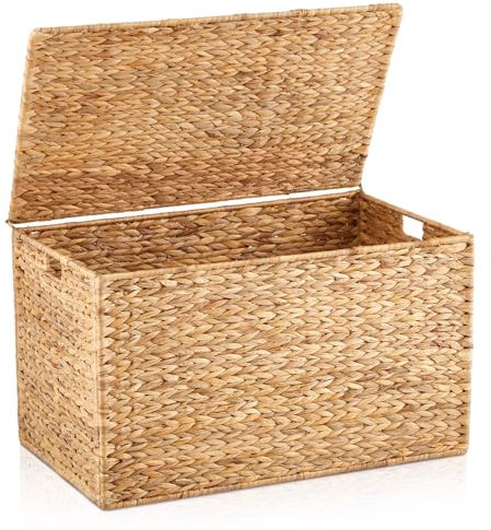 Wonderjune 30 x 17.5 x 17.5 Inch Water Hyacinth Wicker Storage Trunk with Metal Frame, Heavy Duty Storage Chest with Lid Large Rattan Basket for Blankets, Seasonal Clothes, Extra Bedding