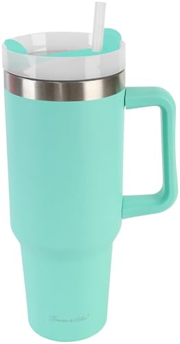 Rosenstein & Söhne Thermo Trinkbecher: Doppelwandiger Vakuum-Thermobecher, 1.200 ml, mit Trinkhalm, mint (Kaffee-Becher, Thermobecher mit Henkel und Deckel, Bier)