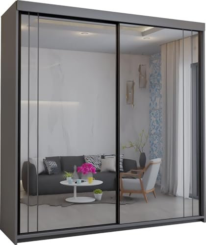 SLIDING WARDROBE 4U Seelma Storage Full Mirror Sliding Door Wardrobe – Unique Style, 4 Colors & 2 Sizes to Suit Any Space (Grey, 203cm)