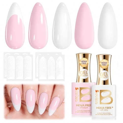 Beetles Gel Nail Polish mit French Tips Stickern, weiß rosa Gel-Nagellack | und French-Maniküre-Stickern UV/LED-Nagellampentrocknung Ein perfektes Nageldesign Geschenk für Frauen