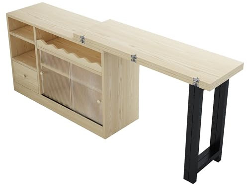 SOFTWEARY Esstisch mit ausziehbarer Tischplatte, Bartisch mit Stauraum, Schreibtisch, Holzoptik, Esszimmertisch, Mehrzweckschrank mit Stauraum und Schubladen