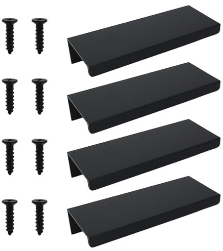 Mewtush 4 PCS Poignées de Meuble Cachées en Aluminium, Poignées Tiroir, Poignée Placard, Poignée Meuble Salle de Bain, Poignées de Cuisine Noires de 8 cm, Design Élégant et Durable