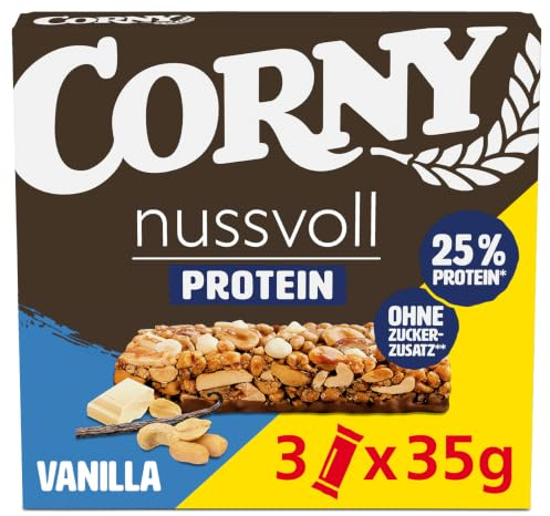 Nussriegel Corny Nussvoll & Protein Vanilla | Mit 25% Protein | 3 x 35 g | Ohne Zuckerzusatz | hoher Nussanteil | Für aktive Tage, Sport, Mittagspause & unterwegs | Angenehm sättigend | Proteinriegel