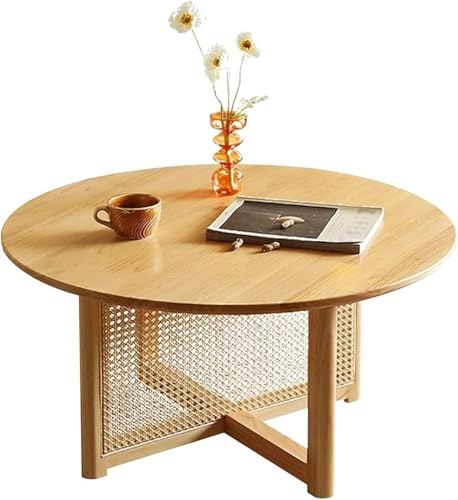 Massivholz runder Couchtisch, Akzententisch für Wohnzimmer, moderner Rattan Kleiner Kaffee -Tee -Tisch, Holzfarbe