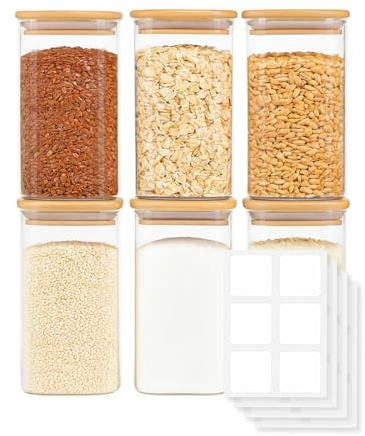 GIRAFFYCO Square Borosilicate Glass Food Storage Jars, 6 Pack, 750 ml | BPA-Free Airtight Storage Jars for Flour, Rice, Pasta, Cereal & Snacks, Space-Saving Square Design, Customisable Labels