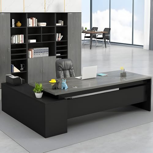 MESCXTY Moderner L-förmiger Büroschreibtisch mit Holzsockel, Chefschreibtisch, Cheftisch, Computer-Wohnmöbel, Schubladen und Ablagefächer – ohne Stühle, Grau, 160 cm L x 80 cm B x 74 cm H