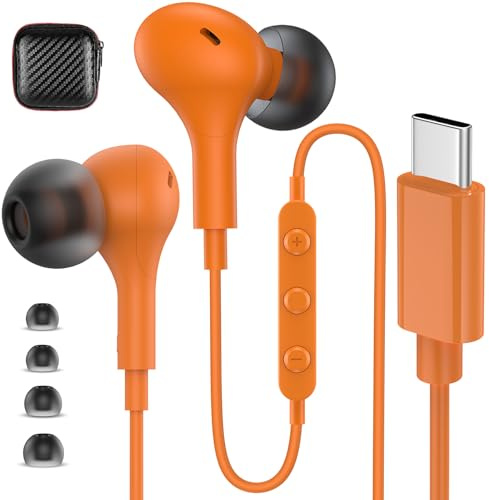 USB C Headphones Wired Earbuds for iPhone 17 16 Pro Max Plus 15 Samsung S25 S24 Ultra S23 FE A16 A17 Earphones Wired,Type C Headphones with Microphone& Noise isolating for iPad Air 11 10th Gen,Orange