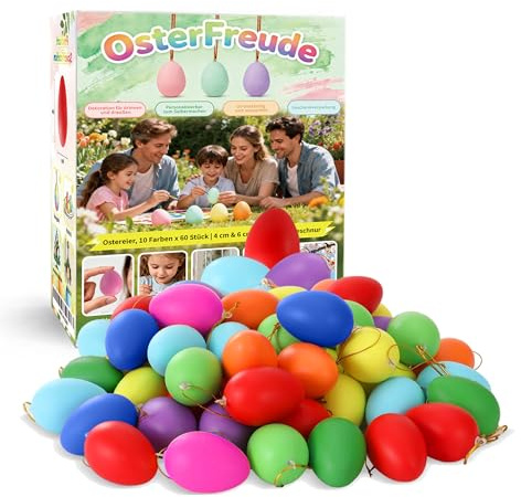 THALOR 60x Ostereier zum Aufhängen | Ostereier Plastik | XXL Osterdeko Outdoor (6x4cm) für Garten, Balkon & Indoor | Wetterfeste Deko mit Aufhängebändern | Ostereier zum Bemalen | Ideal für Ostern