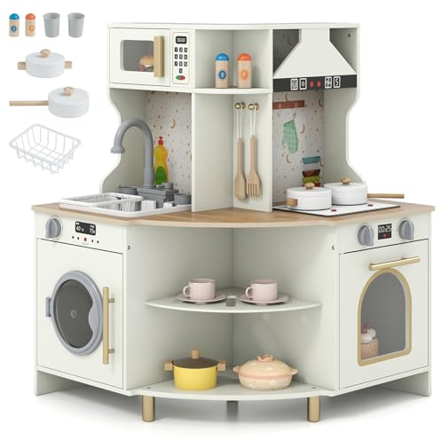 COSTWAY Kinderküche Eck, Spielküche mit Funktionierendem Wasserhahn & Spüle, Mikrowelle & Geschirrspüler, Spielzeugküche mit Licht & Sound, Doppelseitige Eckküche inkl. Zubehör für Kinder ab 3 Jahren