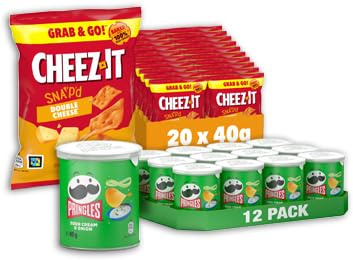 Pringles Sour Cream & Onion (12 × 40 g) und Cheez-It Snap'd Double Cheese (20 × 40 g) – Snack-Bundle aus Chips mit Sour-Cream-Zwiebel-Geschmack und dünn gebackenen Käse Chips mit 100% echtem Käse