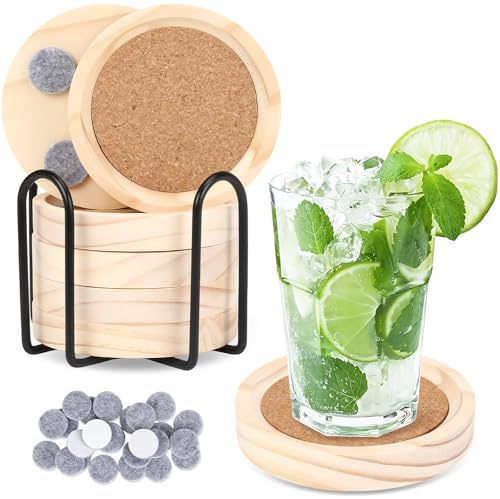 COEWUR 6 Pièces Dessous de Verre en Bois Naturel sous Verres en liège Ø 9cm | Dessous de Bougie Ronds avec Support Ø 9cm pour Boissons au Café, Tasses, Bougies, Bar, Maisons