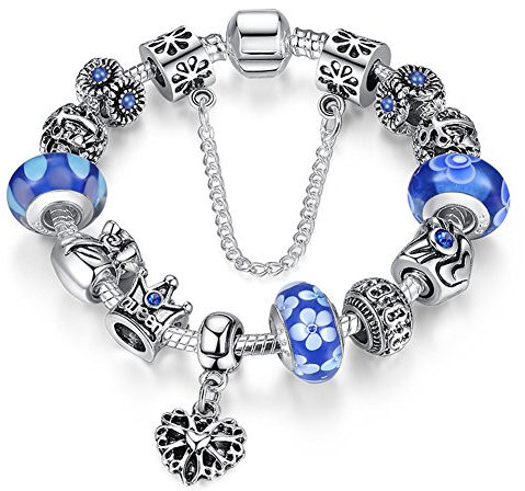 A TE® Bracciale Charms Fiore Vetro Catena Sicurezza Regalo 18cm/20cm#JW-B110 (Blu-18cm)