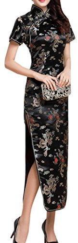 XueXian(TM) Femme Rétro Robe de Soirée Mariage Longue Cheongsam Qipao Motif Phénix et Dragon à Manche Courte (34-36/Asie M, Noir)