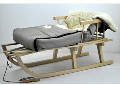 Holzschlitten Kinderschlitten aus Buchenholz Rückenlehne inkl. Zugseil + Winterfußsack Schlittensack 40 x 90 cm Fußsack Schlitten Metallkufen Hell Grau