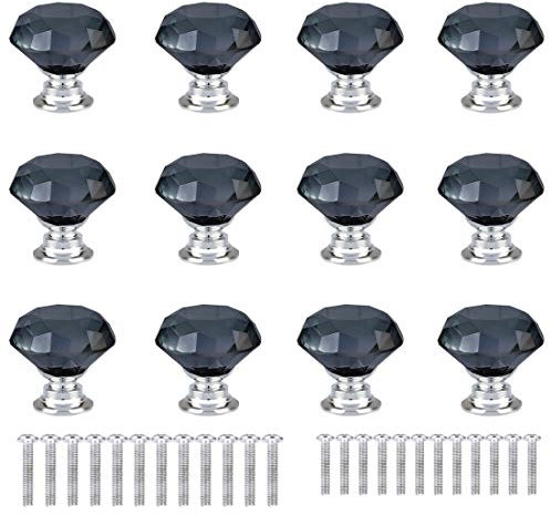 ANJUU 12 Pcs 30mm Diamond Shape Crystal Glass Cabinet Knobs with Screws Drawer Knob Pull Handle Used for Kitchen, Dresser, Door, Cupboard (Grey)