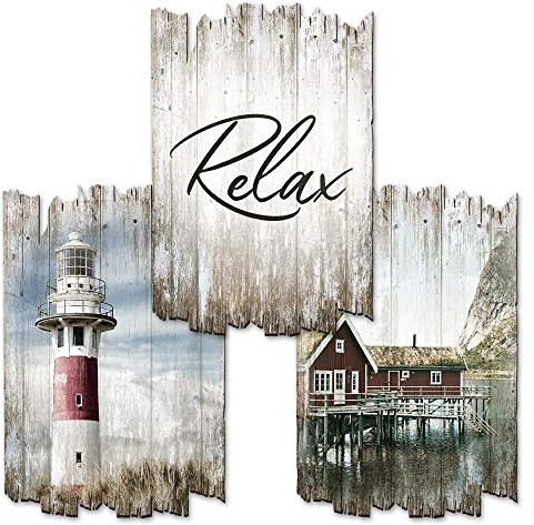 Kreative Feder Shabby Chic Landhausstil Wandbilder Holz | Deko-Schilder aus Holz im 3er Set | Wanddeko für Ihr Zuhause | in 30x20cm (Relax)