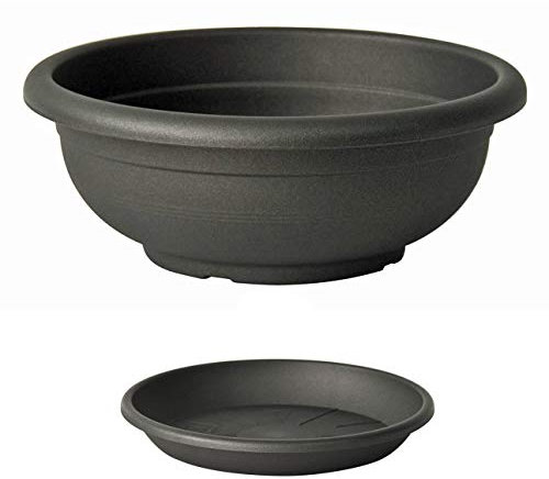Euro3plast Olimpo Blumenschale mit Untersetzer in rund 20, 25, 30, 35, 40, 45, 50, 60 cm in anthrazit Terra Taupe (60 cm, Anthrazit)