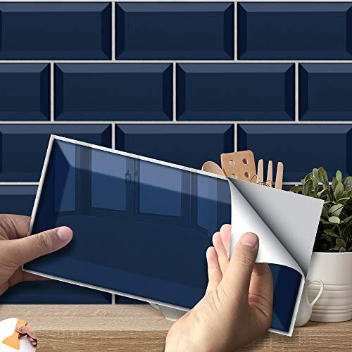 Hiser 27pcs Kitchen Bathroom Marble Wall Tile Stickers, DIY Rectangle Bricks Style Decals Sticker for Kitchen Living Room Bathroom Home Decor Self-Adhesive (Navy blue,7.9 x 4 in)