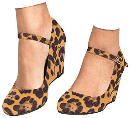 Coutgo Womens Wedge Pumps Mary Jane Ankle Strap High Heel Round Toe Office Work Wedding Shoes Leopard Size: 5.5 UK