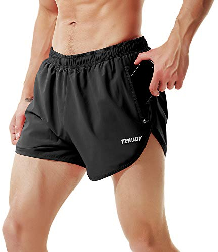 TENJOY Herren Laufshorts Gym Athletic Workout Shorts für Männer 7,6 cm Sportshorts mit Reißverschlusstasche Schwarz XXL