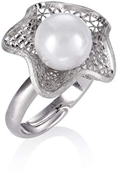namana Verstellbarer Silber Perlenring für Damen, Großer Cocktailring Mit Kunstperle, Statement-Ring im Blumendesign Mit Filigranen Details, Matte Ringe
