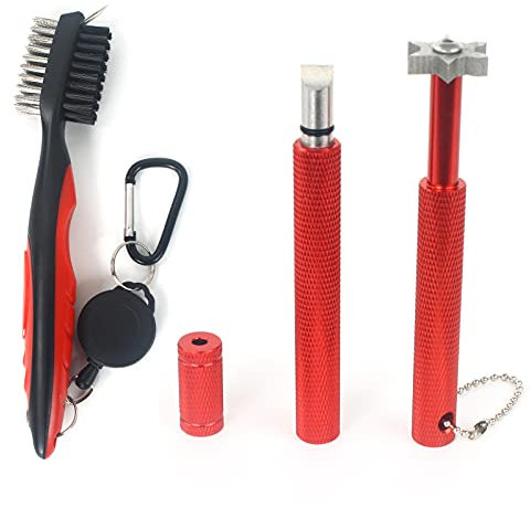 VIPMOON Golf Club Cleaner Tool Set, Retractable Golf Club Brush and 2 Groove Sharpener Tool for U & V-Grooves, Portable Golf Club Cleaning Kit for All Golf Irons for Man (Red)