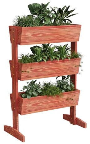 unho Jardinières Exterieur Bois sur Pied, Support de Jardiniere Surélevée Balcon 65cm Haute Bac à Fleurs Rectangulaire Trois Niveaux Potager Intérieur Jardin Terrasse - 39x69x106cm, (LBSXJJ246)