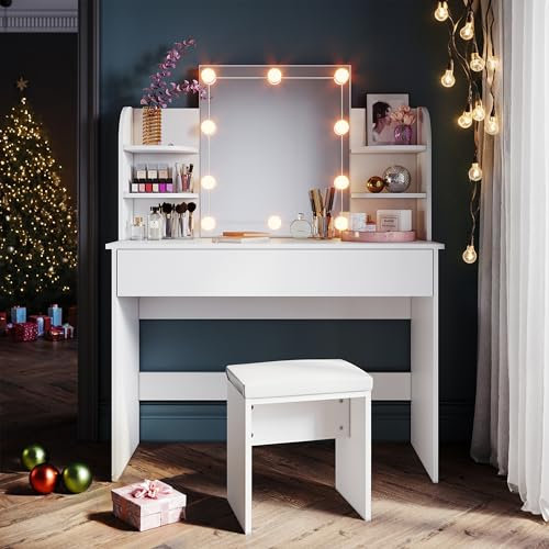 SONNI Tocador de Maquillaje con Luz y Taburete,Espejo y LED Regulable,Mesa Tocadores Maquillaje Moderno Blanco Dormitorio 10 Bombillas 108x40x140cm