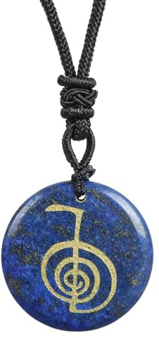 Lovionus89 Runde Stein-Glücksmünzen-Spirale Reiki-Symbol Kristallstein-Anhänger-Halskette für Männer und Frauen verstellbar 60-65 cm, Lapislazuli