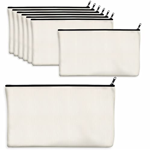 8 Bolsas de Lona de algodón con Cremallera en Blanco para Manualidades, Estuches para lápices, para Maquillaje, cosméticos, artículos de tocador, Almacenamiento (Beige, Cremalleras de Negro)
