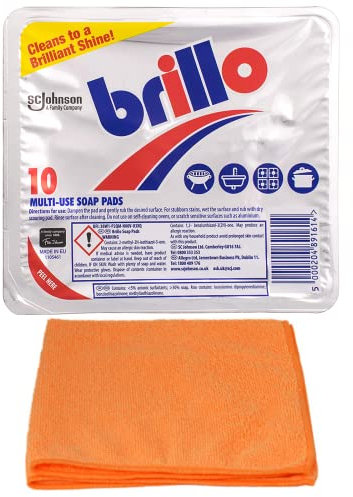 Brillo Multi-use Soap Pads (10 Pads) - Household Cleaner - Effective for Cleaning Pots, Pans, Cookers - with Ultra Absorbent Microfibre Cleaning Cloth