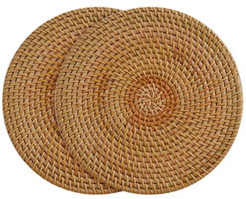 Lot de 2 dessous de verre en rotin naturel fait à la main en paille et rotin - Dessous de plat rond tissé pour tasse à thé, dessous de verre en osier