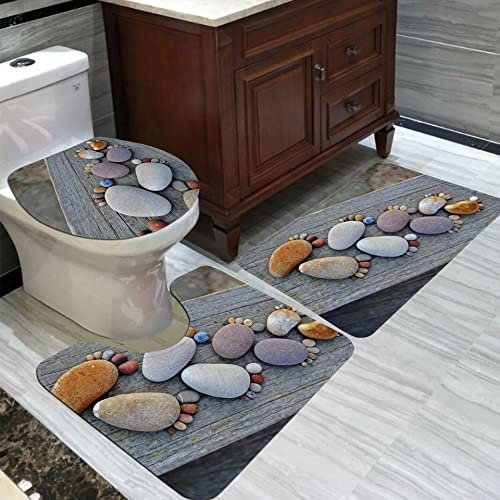 Tapis de Bain Galet Gris Brun Tapis Salle de Bain 3 pcs Antiderapant Polyester Tapis Toilette en U Souple Tapis de Douche Absorbant Tapis WC Lavable Tapis de Salle de Bain