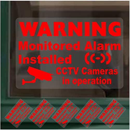 5 x M2 Small Monitored Alarm System Signs Installed and CCTV Video Recording Stickers RED On Clear Camera Security Warning Window Mini Self Adhesive Vinyl 90x60mm