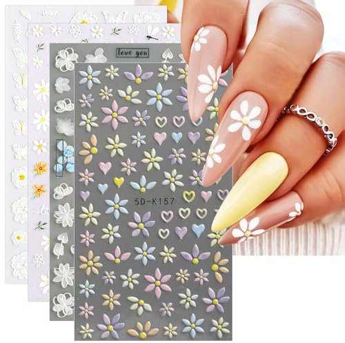 JMEOWIO 3D Embossed Spring Flower Nail Art Stickers Decals Self-Adhesive 5D Floral Colorful Summer Nail Supplies Nail Art Design Decoration Accessories 4 Sheets