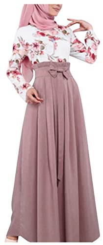 boseucn Damen Muslimisches Kleid, Damen Muslim Roben Langarm Blumen Drucken Muslimisches Einteiliges Kleid Mit Turban Abdeckung Lockeres Kleid Abaya Ramadan Gebetsrobe Islamische Kleidung mit Gürtel