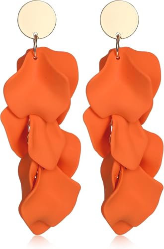 Diamday Acryl Clip Ohrringe für Frauen Mädchen - Lang Rosenblüten Baumeln Übertriebene Blumen Elegant Tropfen Statement Quaste Farbenfroh Ohrstecker Orange