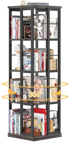 Aheaplus Eck-Bücherregal, 4-stöckig, 360-Grad-Display, Eiche, Modern, drehbar, Platzsparend, für kleine Räume, Schlafzimmer, Arbeitszimmer